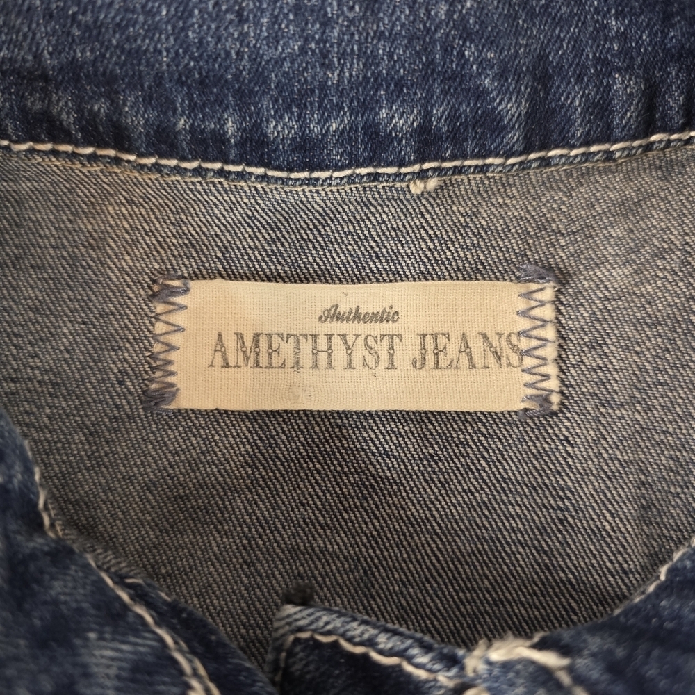 Amethyst Jeans Distressed Crop Denim Jean Jacket Women’s XL Blue Stretch Sequins - Picture 10 of 12